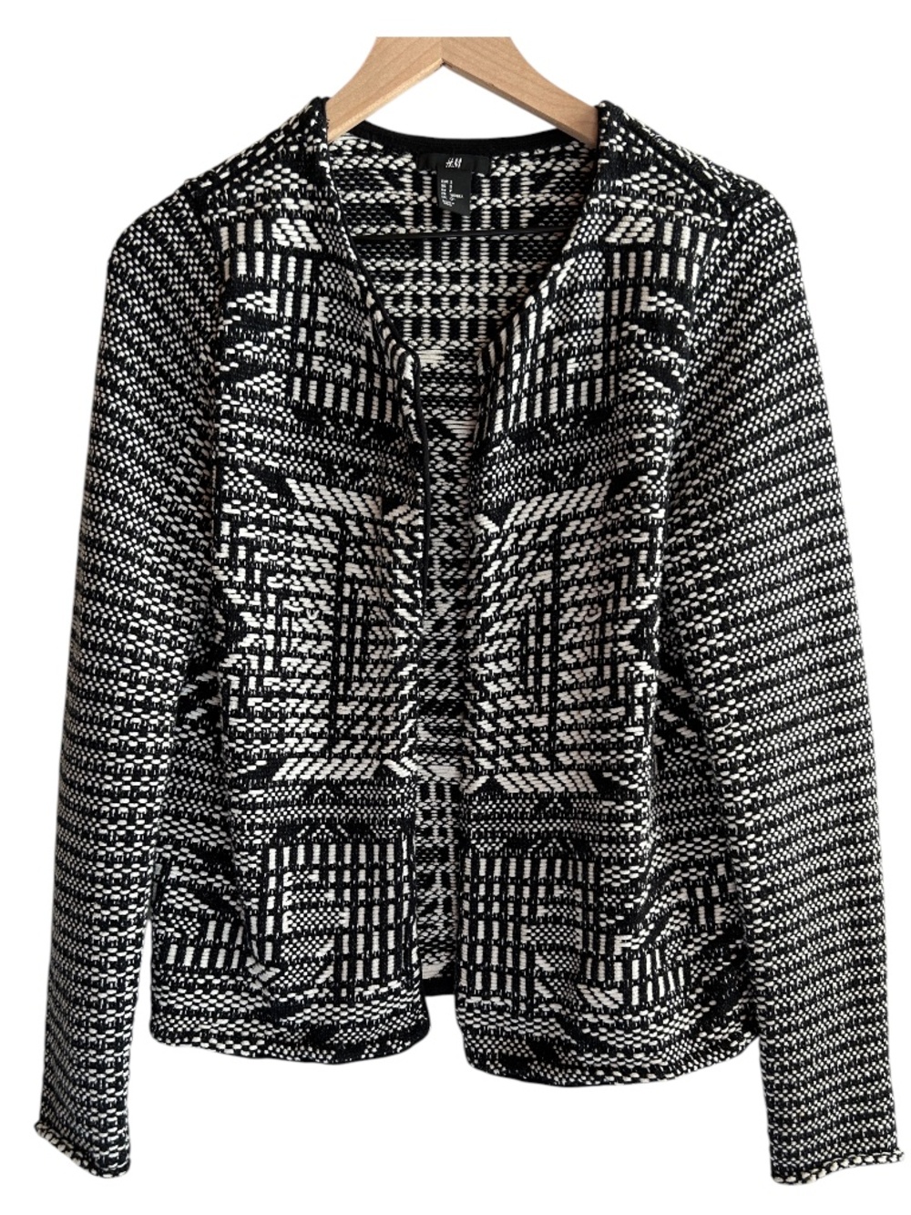 H&M Black White Geometric Open Front Cardigan Sweater Size Small